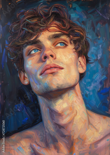 Portrait illustration in expressionist style of a young man with brown wavy hair and blue eyes - Generative AI