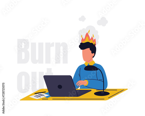 A businessman with fire on his had. Professional burnout syndrome, Exhausted employees at work. Business concept of overload and fatigue vector illustration