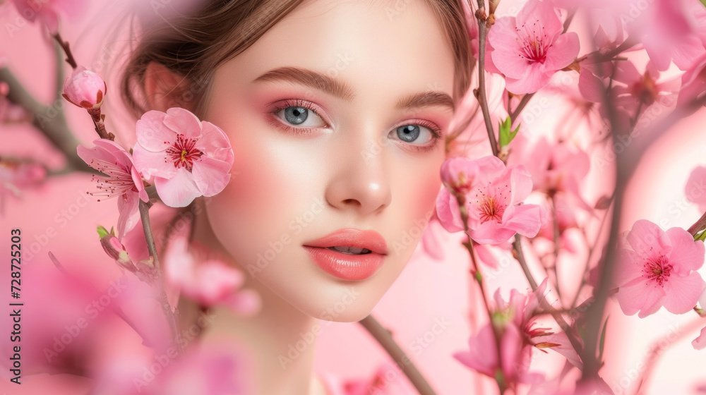 Closeup portrait of beautiful woman with makeup. Fashionable photo in pink colors. Spring concept. Trees in blossom. Flowers. Concept of environmental friendliness and naturalness of cosmetic products