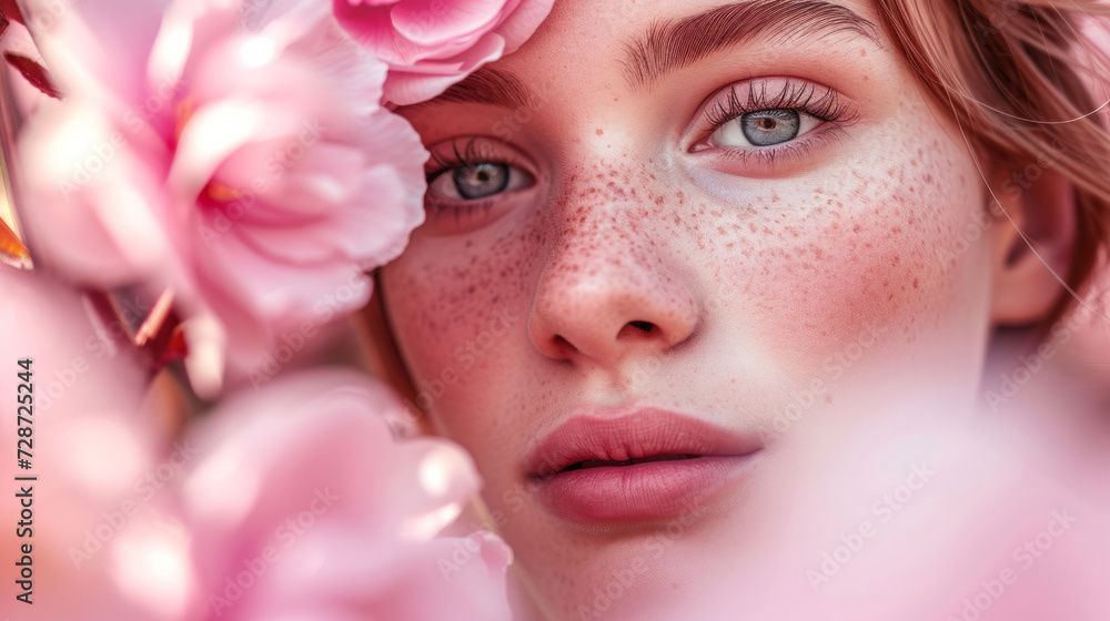 Closeup portrait of beautiful woman with makeup. Fashionable photo in pink colors. Spring concept. Trees in blossom. Flowers. Concept of environmental friendliness and naturalness of cosmetic products Closeup portrait of beautiful woman with makeup. Fashionable photo in pink colors. Spring concept. Trees in blossom. Flowers. Concept of environmental friendliness and naturalness of cosmetic products