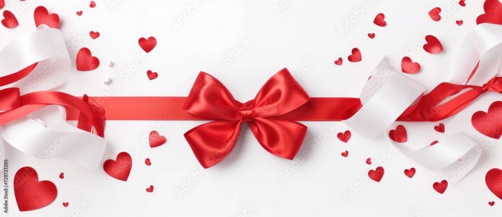 A red ribbon with a bow and hearts on it, creating a festive and decorative accessory. A red ribbon with a bow and hearts on it, creating a festive and decorative accessory.