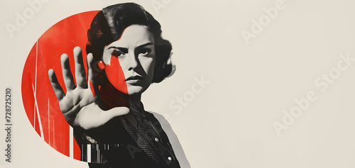 Retro collage style poster. A woman shows sign NO with a palm. STOP gesture  domestic violence  rights for abortion  discrimination. Red and black contrast graphics with copy space. 