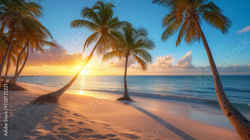 Sunset tropical beach with palm trees and azure blue sea - Generative AI