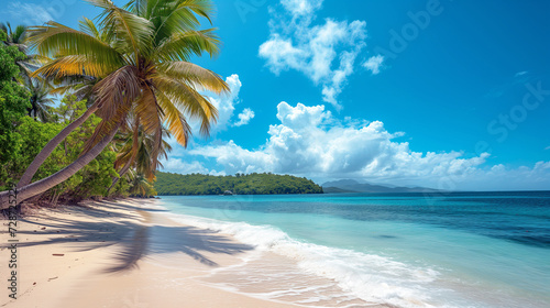 Tropical beach with palm trees and azure blue sea - Generative AI © Studio F.