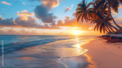Sunset tropical beach with palm trees and azure blue sea - Generative AI © Studio F.