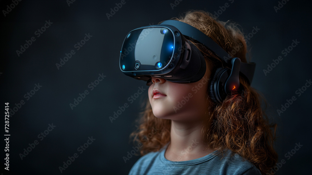 Side view portrait of little boy wearing VR headset. Side view portrait of little boy wearing VR headset.