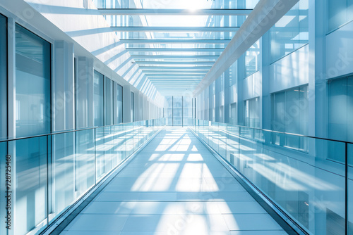 Glass bridge in a modern building, a captivating architectural scene showcasing a glass bridge connecting two structures. © Hunman