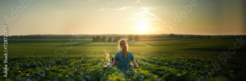 A female worker sits at a desk in the middle of lush, green farmland. A surreal image representing rural work from home and the technology shift that is affecting rural America and workplace culture
