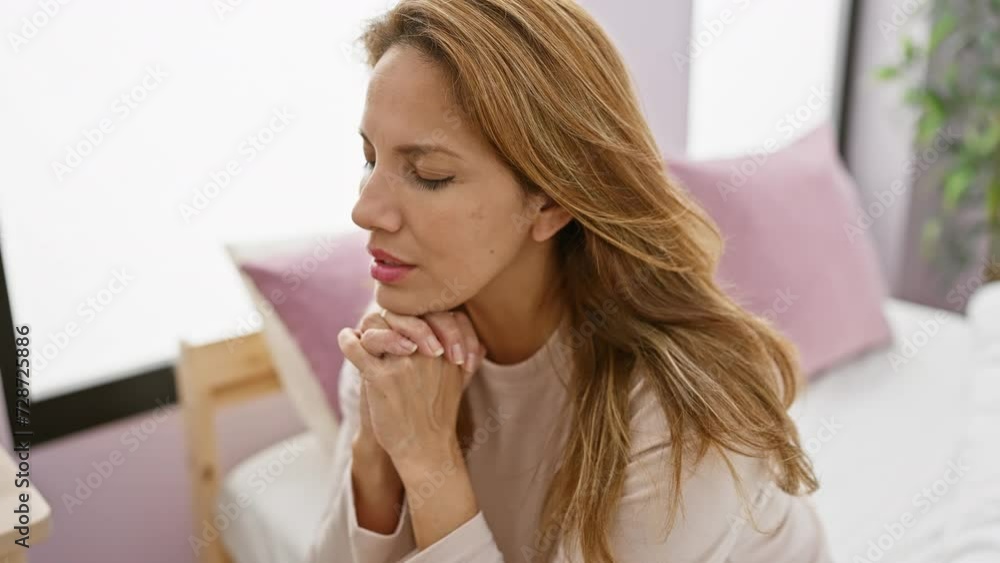 A contemplative young hispanic woman with closed eyes praying indoors in her serene bedroom. A contemplative young hispanic woman with closed eyes praying indoors in her serene bedroom.