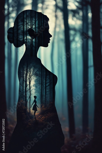 Mysterious silhouette forest woman  amazing depth  masterwork  surreal  geometric patterns  intricately detailed  bokeh