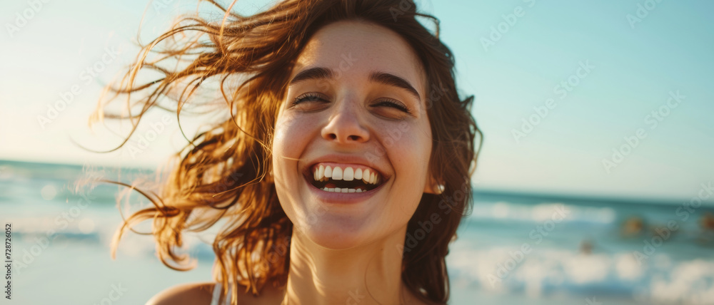 Euphoric freedom, a carefree young woman laughs heartily against a beach backdrop, hair dancing in the sea breeze Euphoric freedom, a carefree young woman laughs heartily against a beach backdrop, hair dancing in the sea breeze