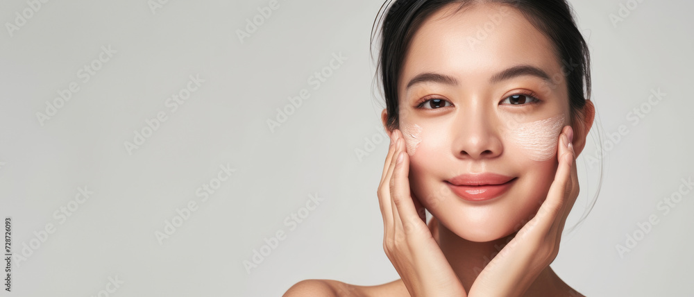 The epitome of skincare routine, a young Asian woman applies facial cream, her skin radiant with a healthy glow The epitome of skincare routine, a young Asian woman applies facial cream, her skin radiant with a healthy glow