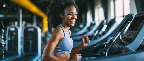 Joy in motion, a vibrant woman jogs on a treadmill, her smile radiating positivity and health