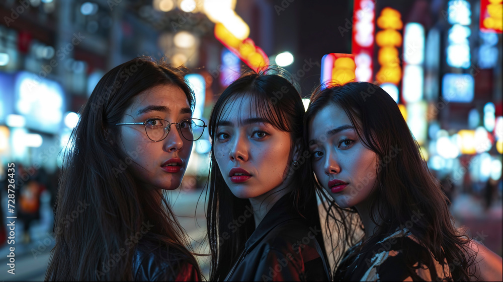Three Asian women with long hair, posing at night
