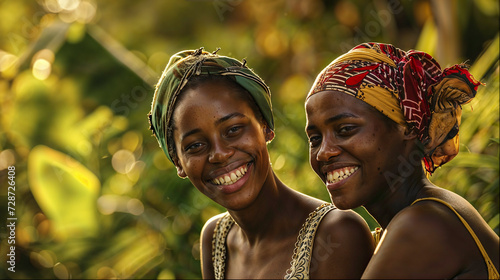 Two African-American friends wearing headscarves and Cuban costumes, posing in the jungle © Pedro Llinas