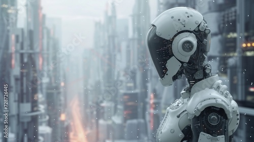 White A.I. Robot in Futuristic City