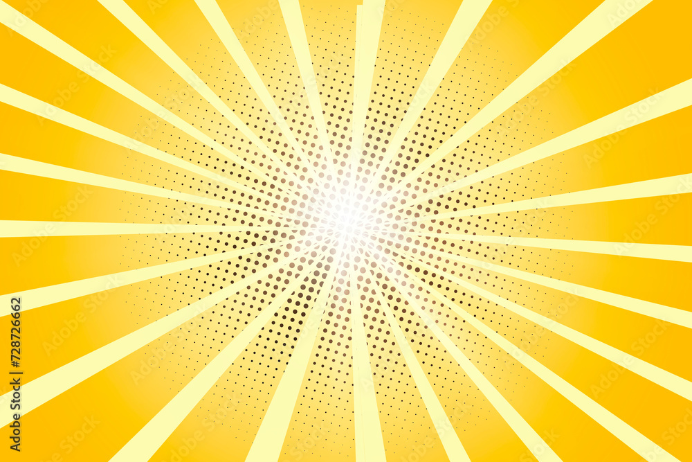 Fototapeta premium Pop art background. Rays from the center. Cartoon flat style. In yellow and orange.
