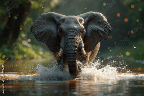An elephant joyfully splashing in a watering hole surrounded by lush greenery, illustrating the carefree spirit of wildlife in their natural habitat. Concept of joyful wildlife. Generative Ai.