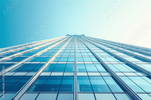 Towering skyscraper façade, a striking architectural scene capturing the facade of a modern skyscraper.