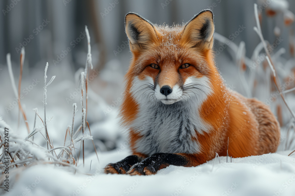 Fototapeta premium A red fox prowling through a snowy forest, showcasing the adaptability and stealth of this elusive predator. Concept of winter hunting. Generative Ai.