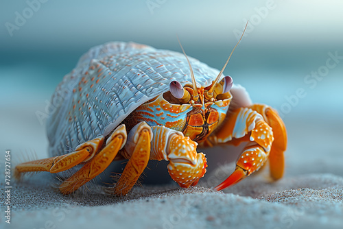 A hermit crab carrying its shell along a sandy beach, highlighting the resourcefulness and adaptability of these crustaceans. Concept of beachside nomad. Generative Ai.