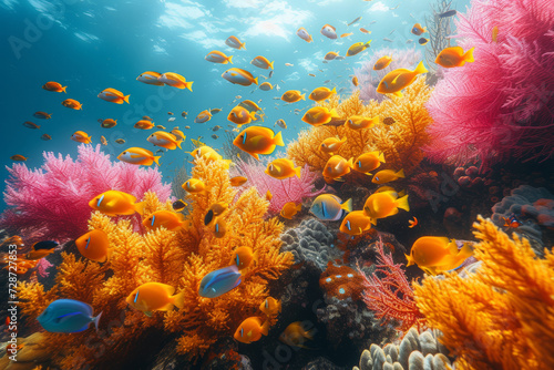 A school of colorful fish swimming through a coral reef, portraying the vibrant life and diversity within underwater ecosystems. Concept of coral reef harmony. Generative Ai.