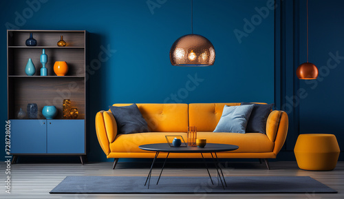 Sala com sofá amarelo com paredes azuis tornado o ambiente acolhedor e moderno photo