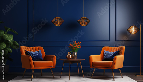 Sala com duas poltronas em laranja com parede azul de fundo, tornando o ambiente moderno e cheio de estilo photo