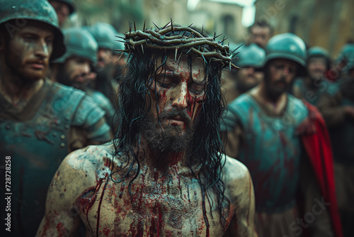 Imagination of The Roman soldiers mocking and beating Jesus, depicting the harsh treatment he endured before his crucifixion. Concept of physical suffering. Generative Ai.