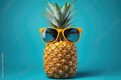 A pineapple wearing sunglasses sits on a blue background.