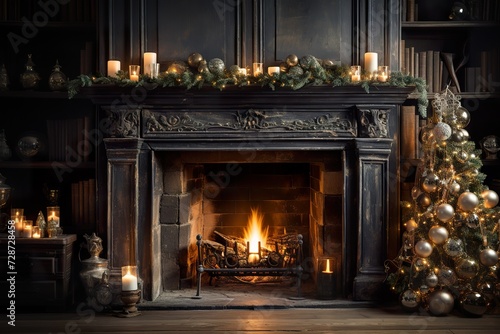 minimalistic design A fireplace with christmas decorations and candles in a rustic and cozy living room