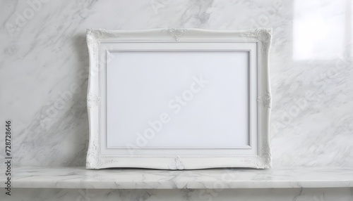 Classic white empty frame on white marble shelf and wall