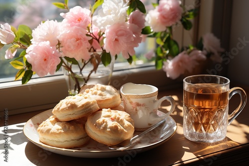 minimalistic design A Mother's Day arrangement with tea and scones in front of a bright window