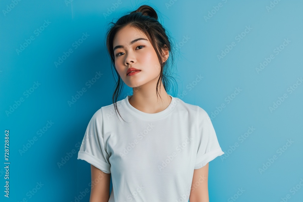 A young beautiful asian woman in a white T-shirt on a blue background. Mockup template for the design. A young beautiful asian woman in a white T-shirt on a blue background. Mockup template for the design.