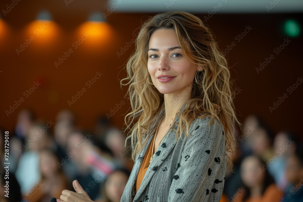 A businesswoman giving a motivational talk at a conference, inspiring others with her insights and experiences. Concept of motivational leadership. Generative Ai. A businesswoman giving a motivational talk at a conference, inspiring others with her insights and experiences. Concept of motivational leadership. Generative Ai.