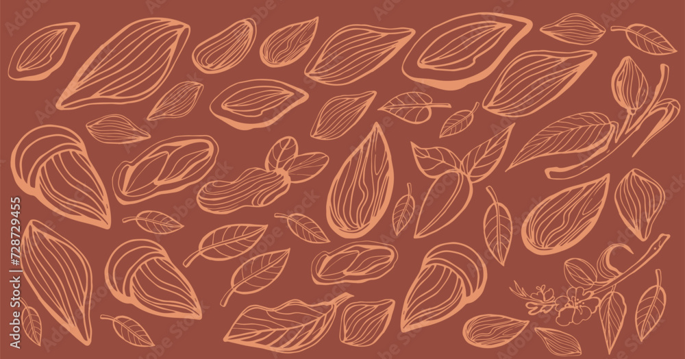 Isolated vector set of almond nuts on dark background. Hand drawn. Isolated vector set of almond nuts on dark background. Hand drawn.