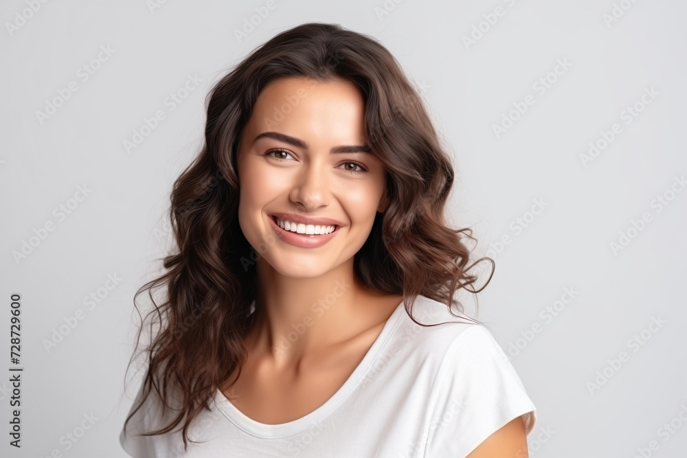 A photo portrait of a beautiful turkish woman over 30 years old, smiling with clean teeth, perfect teeth. To advertise dentistry, white background A photo portrait of a beautiful turkish woman over 30 years old, smiling with clean teeth, perfect teeth. To advertise dentistry, white background