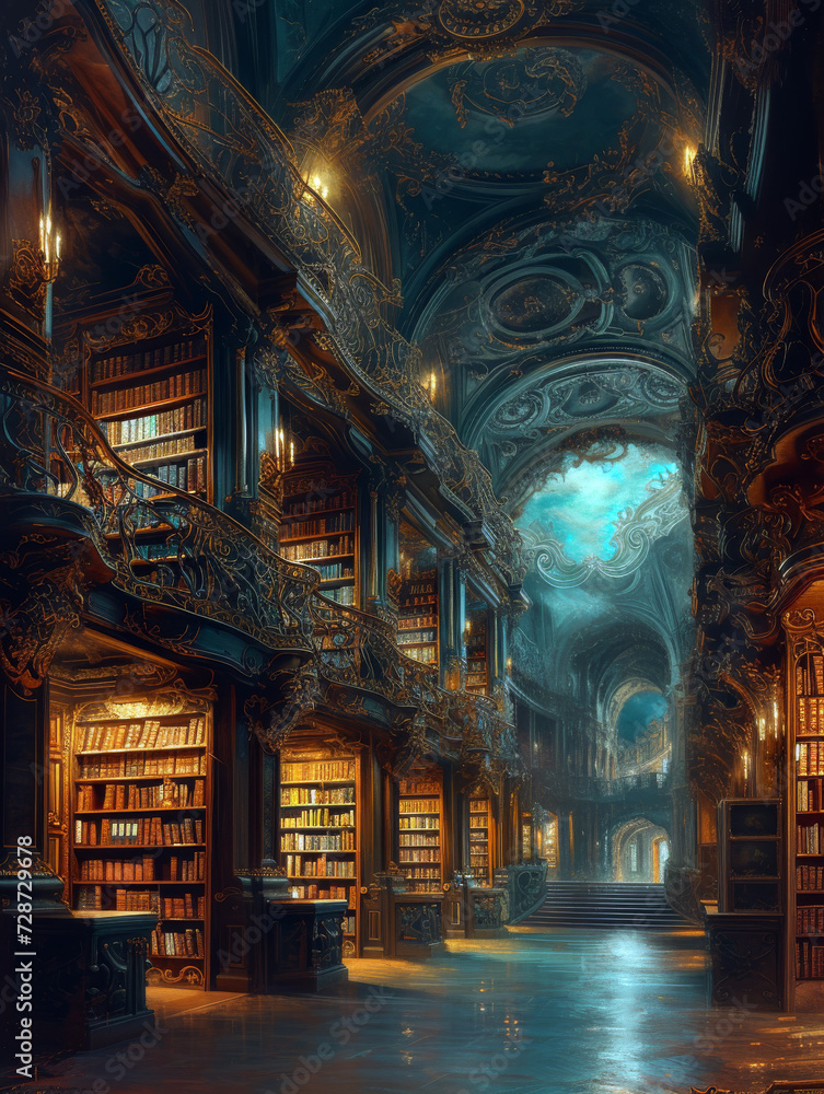A painting of a grand ancient library, vast shelves filled with ancient books emitting soft, mystical glows.