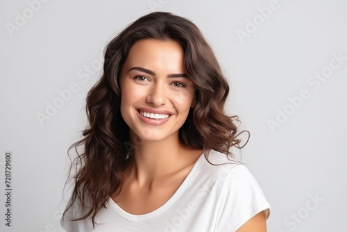 A photo portrait of a beautiful turkish woman over 30 years old, smiling with clean teeth, perfect teeth. To advertise dentistry, white background