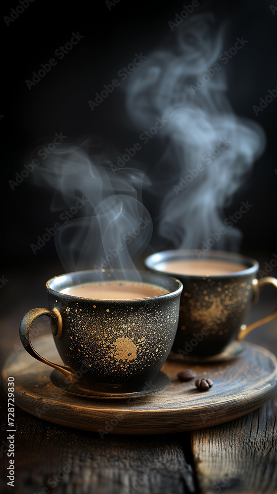Steaming mugs of hot cocoa or tea Steaming mugs of hot cocoa or tea