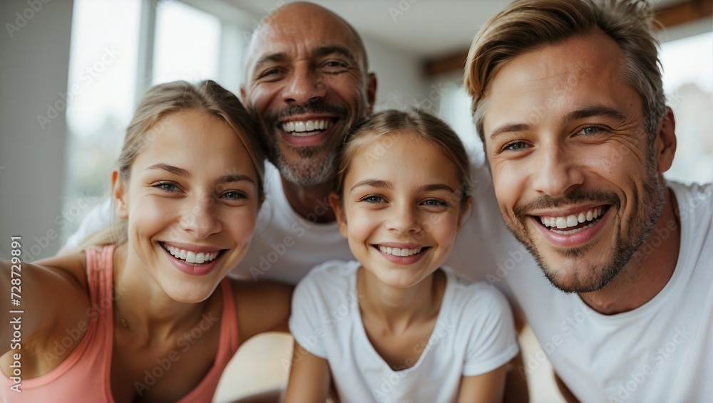 Group selfie featuring a mature man and three young individuals, two females and a male, with joyful smiles indoors, reflecting a family bond and generational connection. Group selfie featuring a mature man and three young individuals, two females and a male, with joyful smiles indoors, reflecting a family bond and generational connection.
