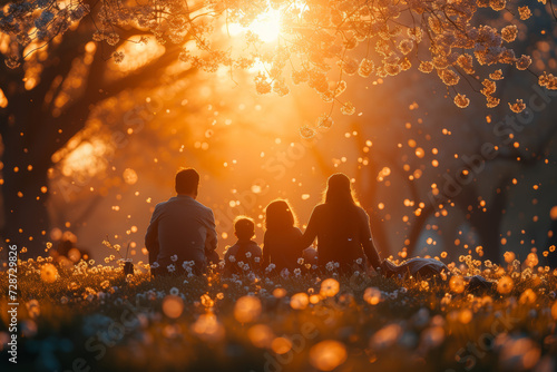 A family enjoying a picnic in a sunlit park surrounded by blossoming trees, exemplifying the warmth and togetherness of spring gatherings. Concept of family bonding. Generative Ai.
