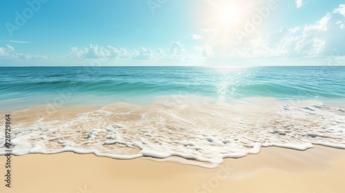 Clean sunny summer beach background. A horizontal banner with a summer ocean, sea, sun, clouds, waves.