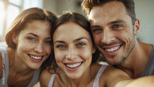 Close-up selfie of a happy young adult trio, two women and a man, smiling outdoors with clear complexions and bright expressions, showcasing friendship and joy.