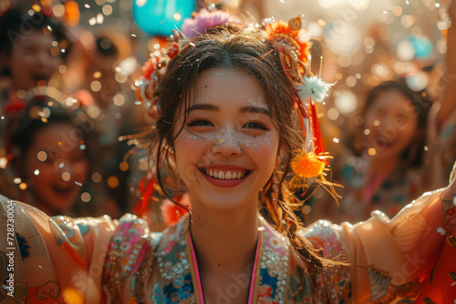 A group of friends celebrating a spring festival with vibrant decorations, music, and traditional costumes. Concept of cultural festivities. Generative Ai.