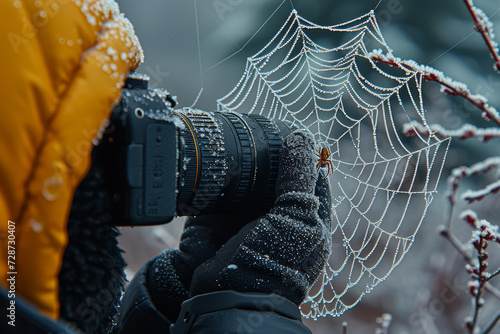 A photographer capturing the intricate details of a dew-covered spider web, highlighting the beauty in nature's small wonders. Concept of macro photography. Generative Ai.