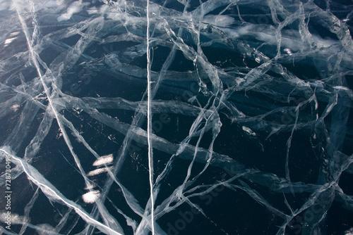 Bottomless ice of Lake Baikal in cracks.