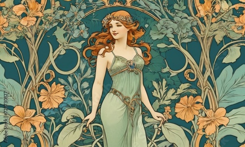 Mysterious figures of women with flowers and vines in Art Nouveau style