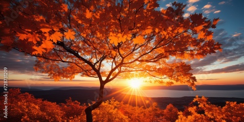 Majestic autumn tree with vibrant orange leaves against a sunset and mountain backdrop