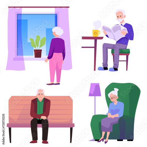 Elderly people, vector illustrations on white background, cartoon style